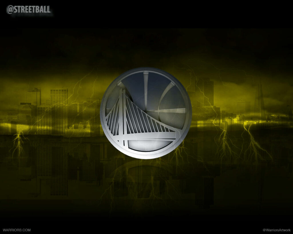 Silver Golden State Warriors logo on dark cityscape with yellow lightning and mist wallpaper