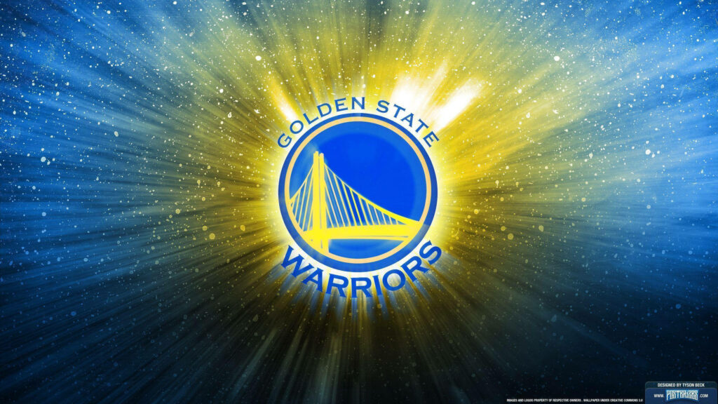 Golden State Warriors poster with iconic bridge logo glowing yellow and blue on vibrant background Wallpaper