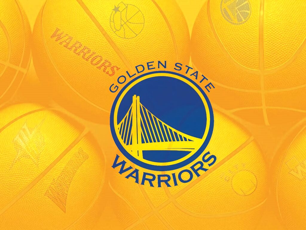 Golden State Warriors yellow poster with team logo over basketball background wallpaper