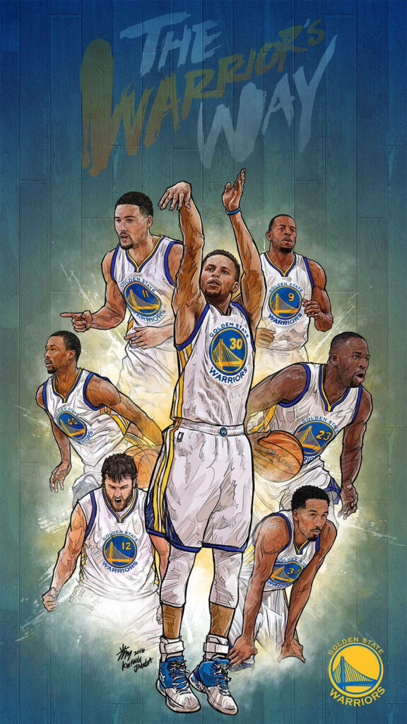 Golden State Warriors iPhone wallpaper with basketball players in action and team logo background