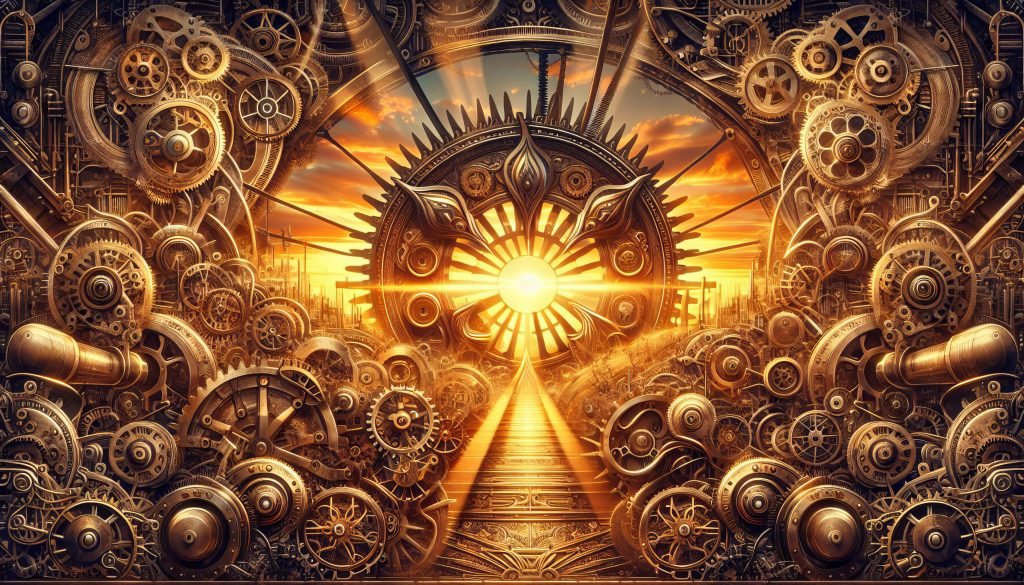 Intricate steampunk wallpaper with golden gears and sunset glow through clockwork archway background