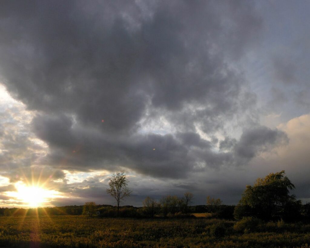 Golden sun rays piercing thick dawn clouds over a peaceful tree-dotted field landscape Wallpaper