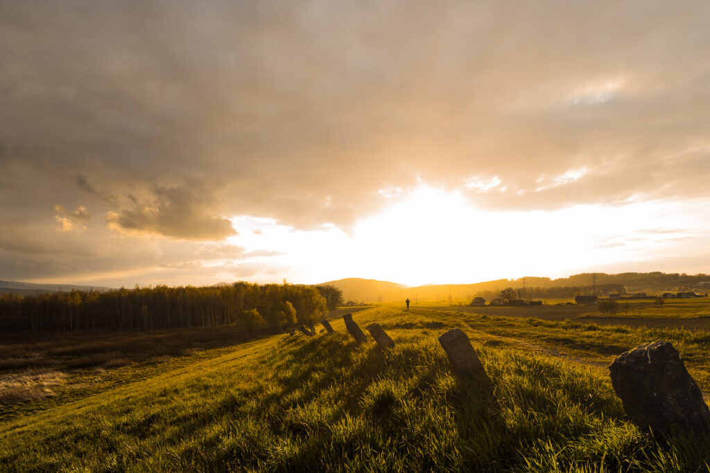 Golden sunlight over tall grass and rustic pilings with hills and dramatic clouds landscape wallpaper