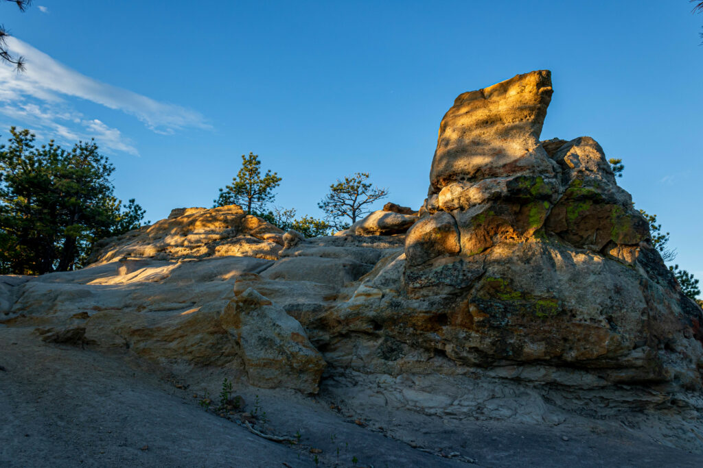 Rugged stone formations and rocky mountains bathed in golden sunlight with pine trees background Wallpaper