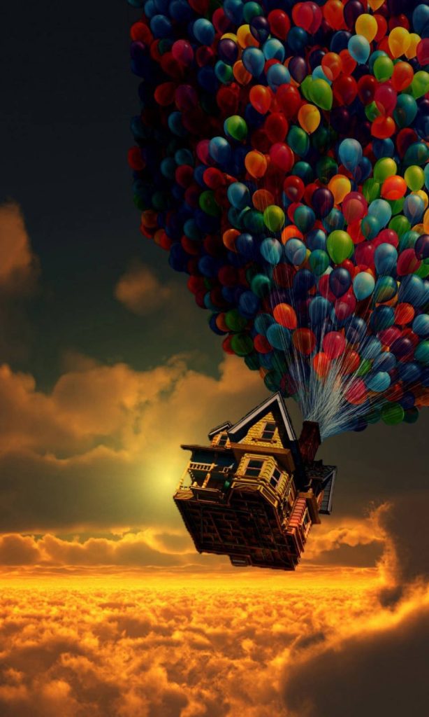 House floating with colorful balloons at golden sunset inspired by Pixar's Up HD wallpaper