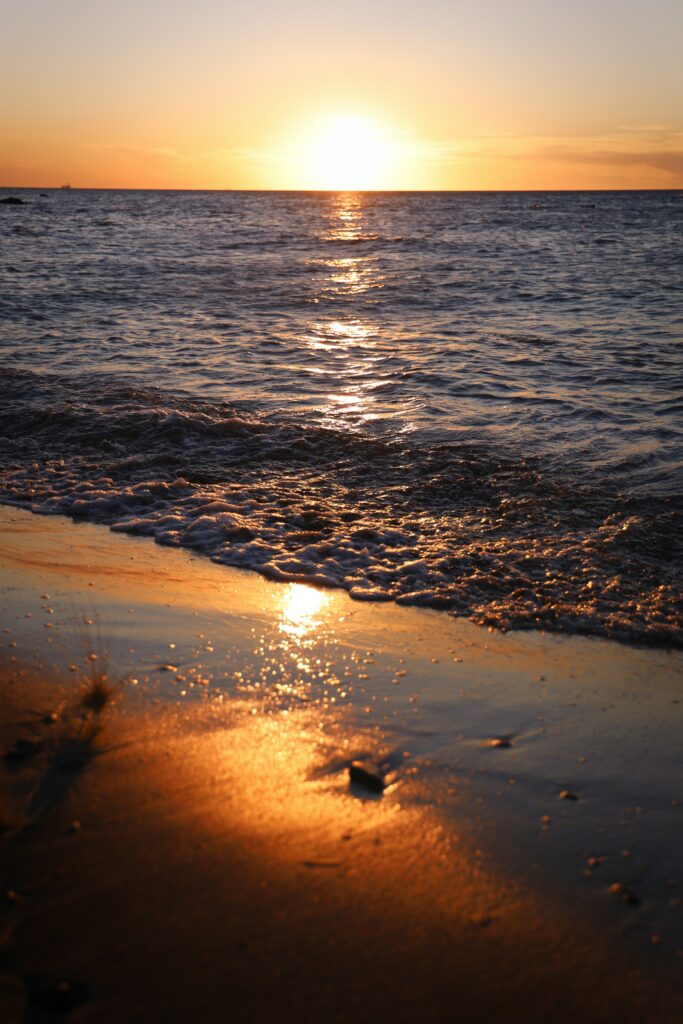 Sunset over calm sea with golden light reflecting on waves and wet sand coastal wallpaper