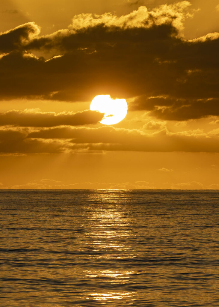 Serene sunset over sea with golden sunlight reflecting on gentle waves and warm cloudy sky Wallpaper