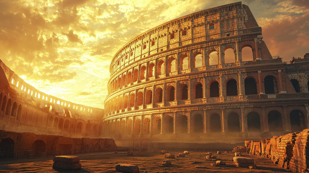 Colosseum Rome wallpaper golden sunset ancient arches warm sunlight historic stonework background