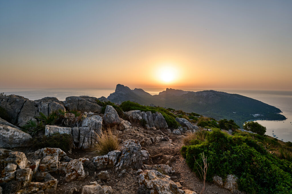 Rugged mountain stones overlooking serene sunset sea with golden light and lush greenery wallpaper