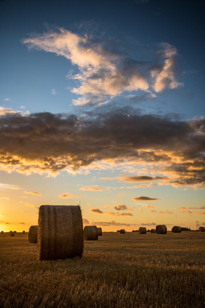 Serene rural field with hay bales under golden sunset and vibrant dramatic clouds wallpaper background