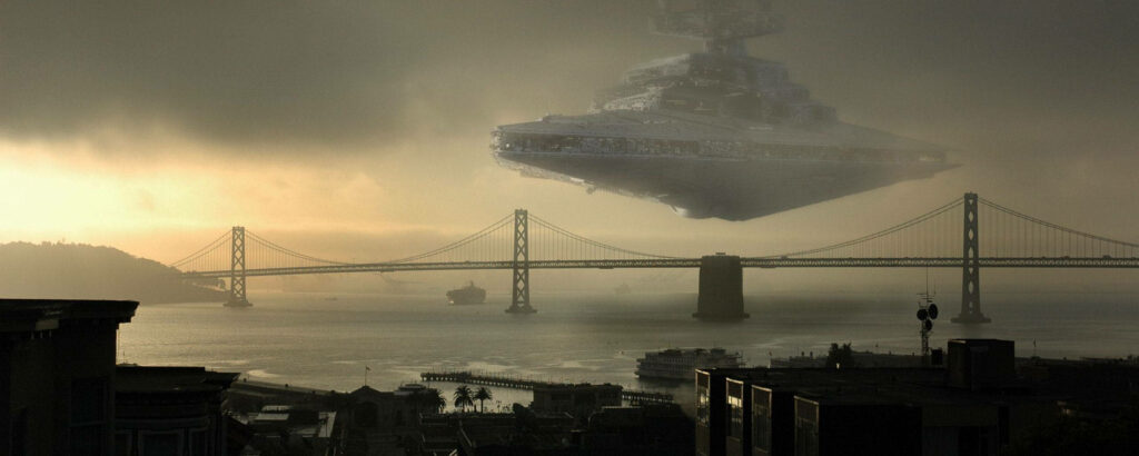 The Majestic Futuristic Vessel Gracing the San Francisco–Oakland Bay Bridge Amidst a Dramatic Golden Sunset - Captivating Dual Monitor Backdrop Wallpaper