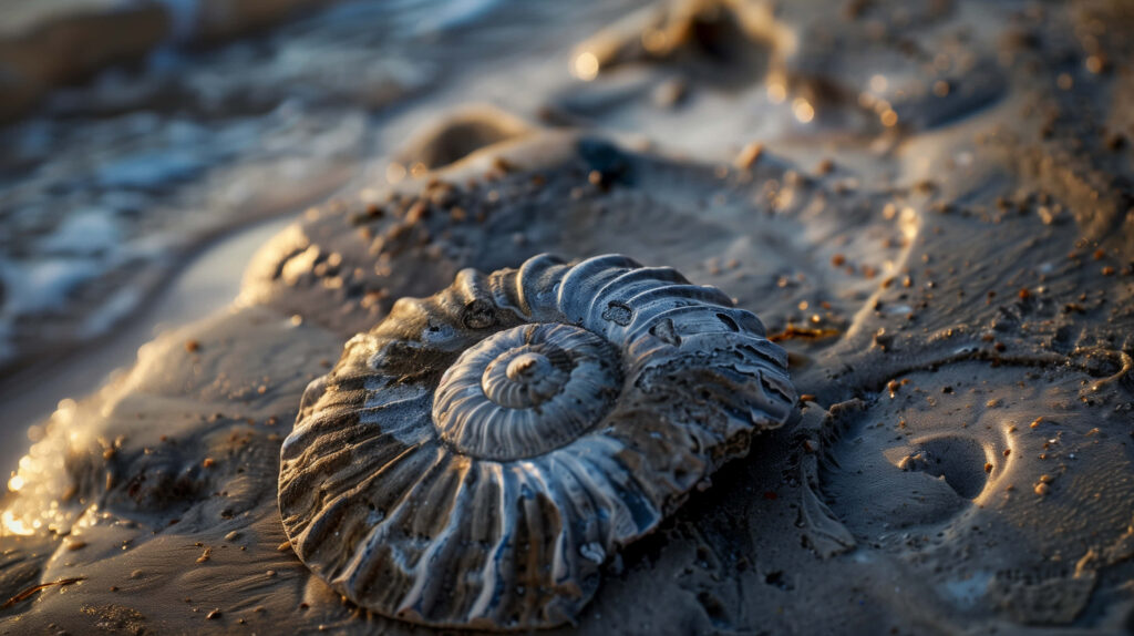 Detailed ammonite fossil on sandy beach at sunset golden light natural coastal scene wallpaper