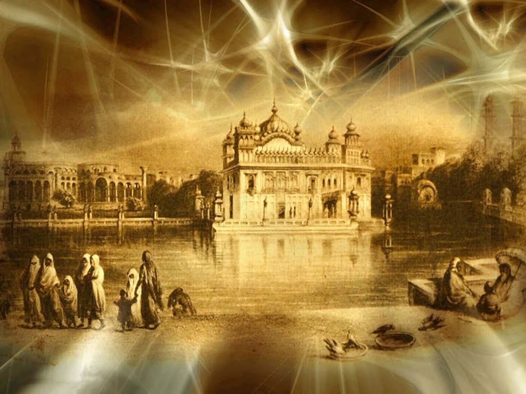 Golden Temple Harmandir Sahib glowing in sepia tones with reflections and pilgrims at Amritsar Wallpaper