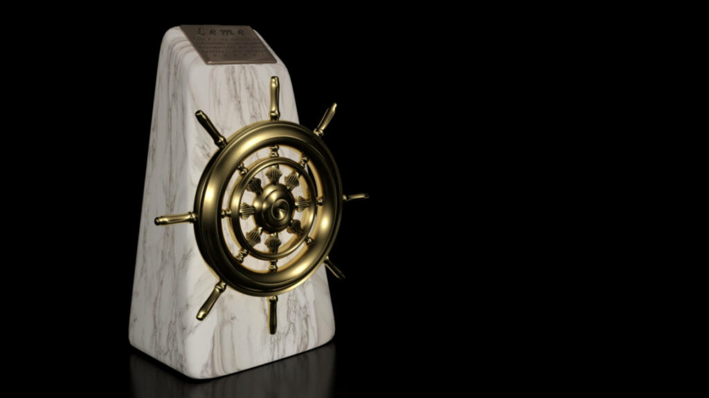 Golden Captain's Wheel: 3D Ship Steering Wheel Wallpaper with Majestic Rock Backdrop