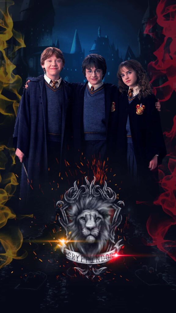 Magical Gryffindor Wallpaper: Golden Trio in Fiery Bravery