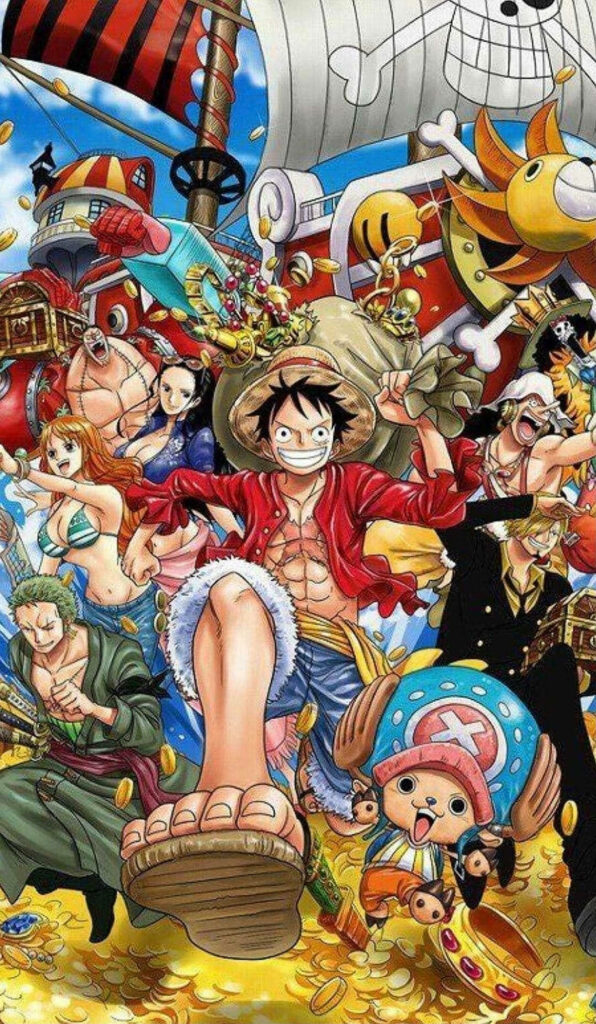Treasure Trove of One Piece: iPhone Wallpaper Showcasing Dynamic Protagonists amidst a Sea of Gold Coins