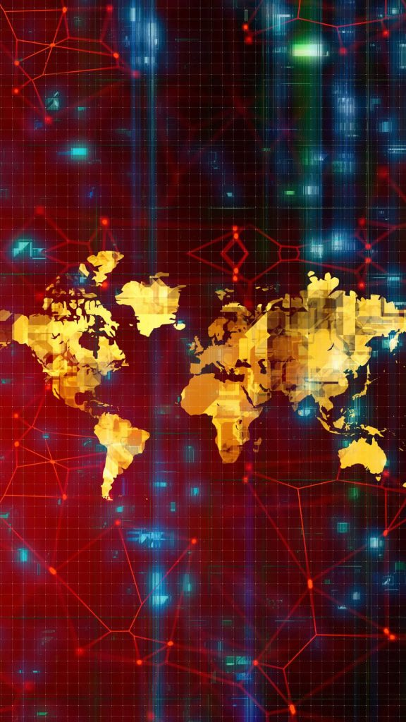 Stylized golden world map on deep red background with glowing network grid and blue glitches Wallpaper