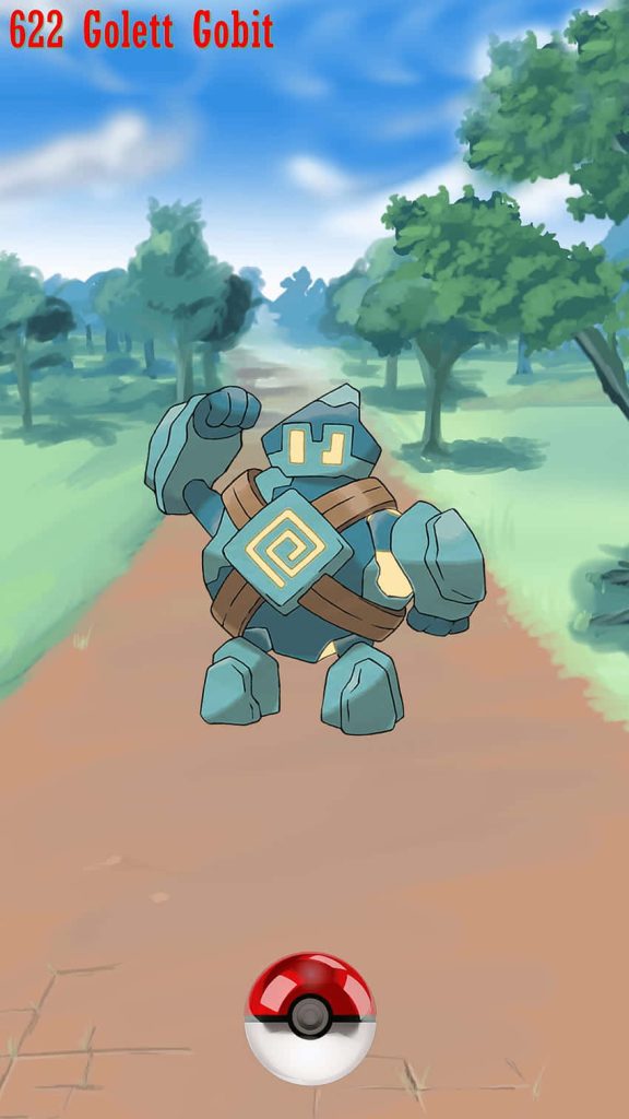 Golett Ground Ghost Pokémon in colorful anime forest path wallpaper with Poké Ball foreground