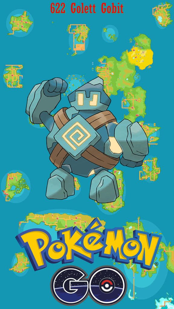 Golett Ground Ghost Pokémon dynamic pose on stylized Pokémon GO map wallpaper background