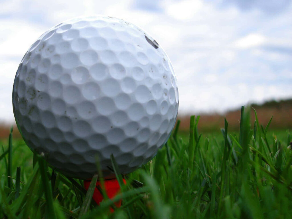 Realistic Golf Ball on Tee Wallpaper: Lush Green Field & Clear Sky