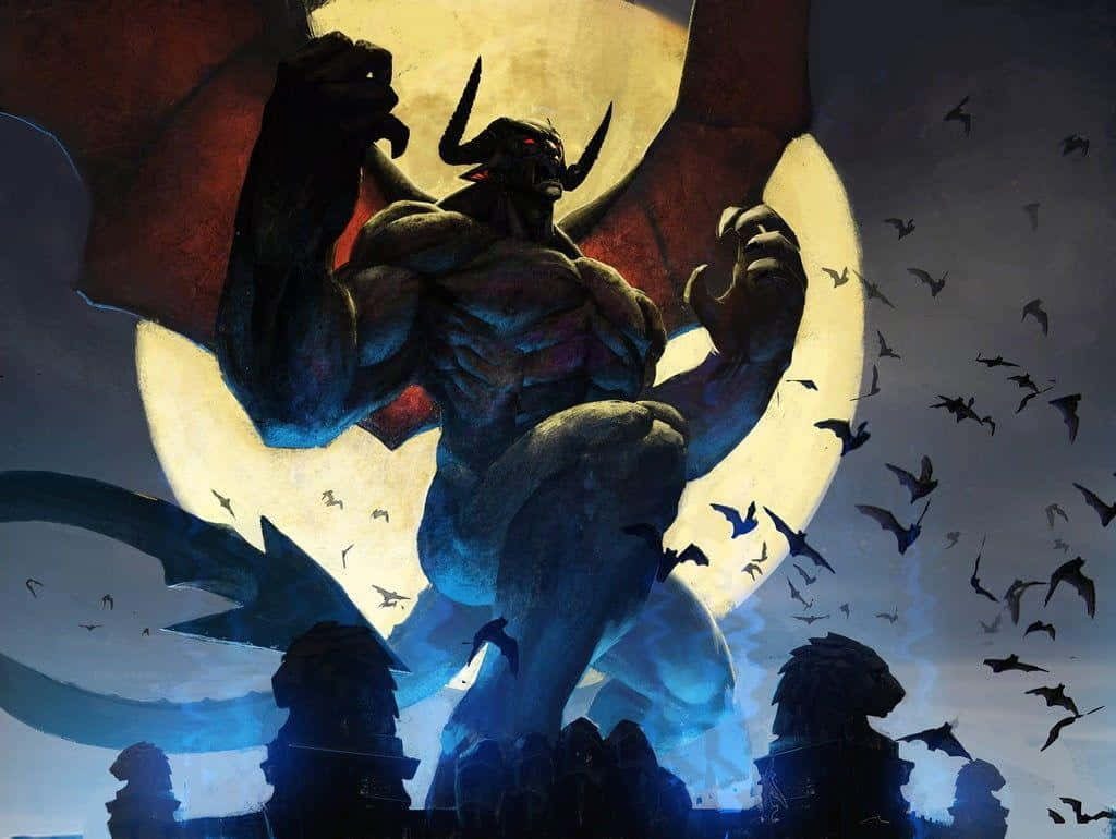 Goliath from Disney Gargoyles stands on rooftop ledge backlit by full moon with bats flying around Wallpaper