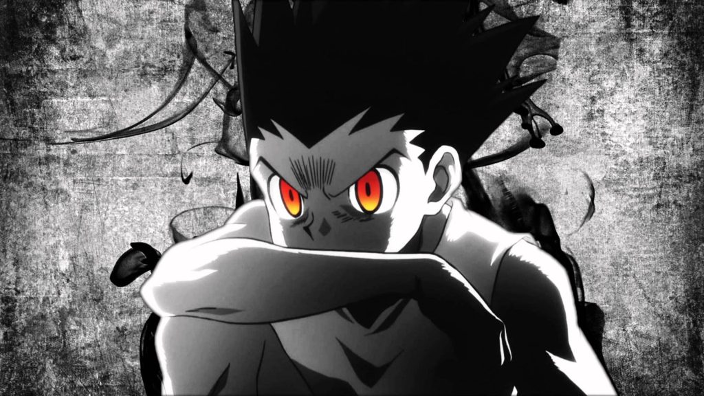 Gon Freecss Hunter x Hunter 4K wallpaper dark transformation glowing red eyes grunge background