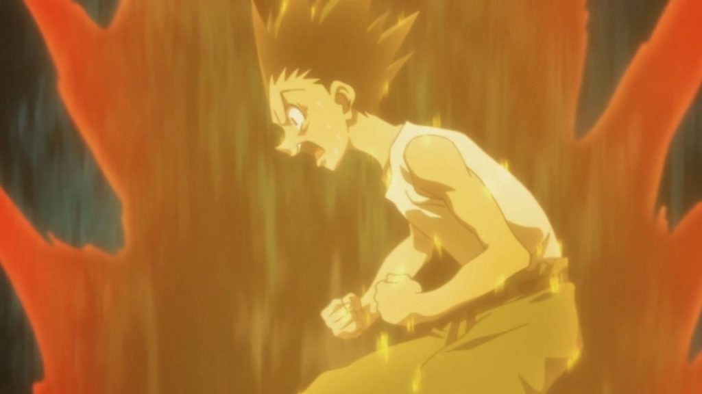 Gon Freecss intense fiery orange Nen aura Hunter x Hunter anime wallpaper dynamic power