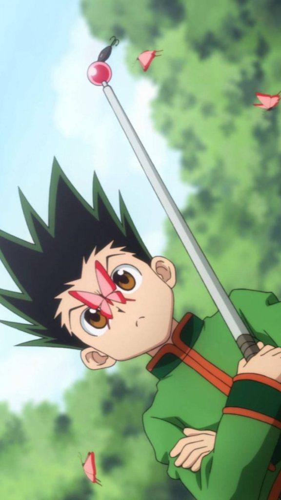Hunter x Hunter phone wallpaper Gon Freecss with fishing rod and butterfly calm forest background