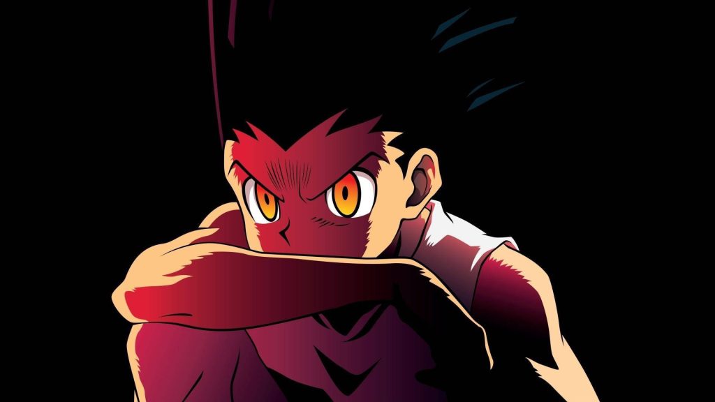 Gon Freecss close-up intense gaze Hunter x Hunter anime wallpaper black background red lighting