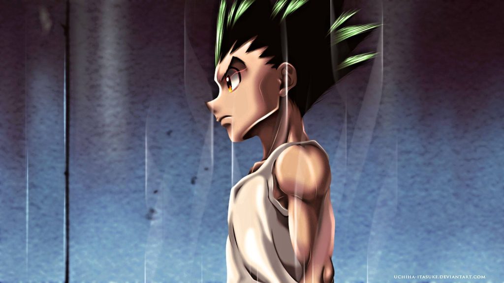 Gon Freecss side profile wallpaper in white tank top with dramatic rainy blue anime background