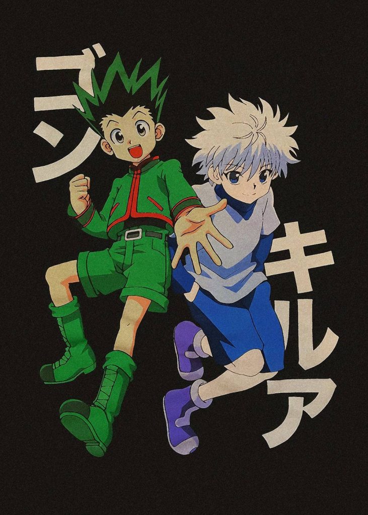 Gon and Killua anime fan art wallpaper dynamic retro style black background Japanese text
