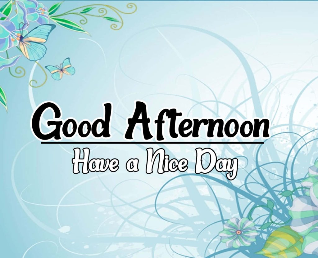 Cheerful good afternoon text with butterflies floral accents on soft light blue background wallpaper