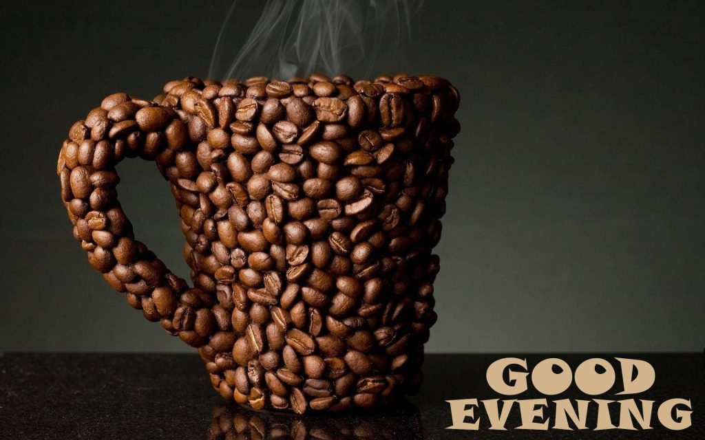 Good Evening coffee beans wallpaper with mug art of roasted beans and steam on dark background