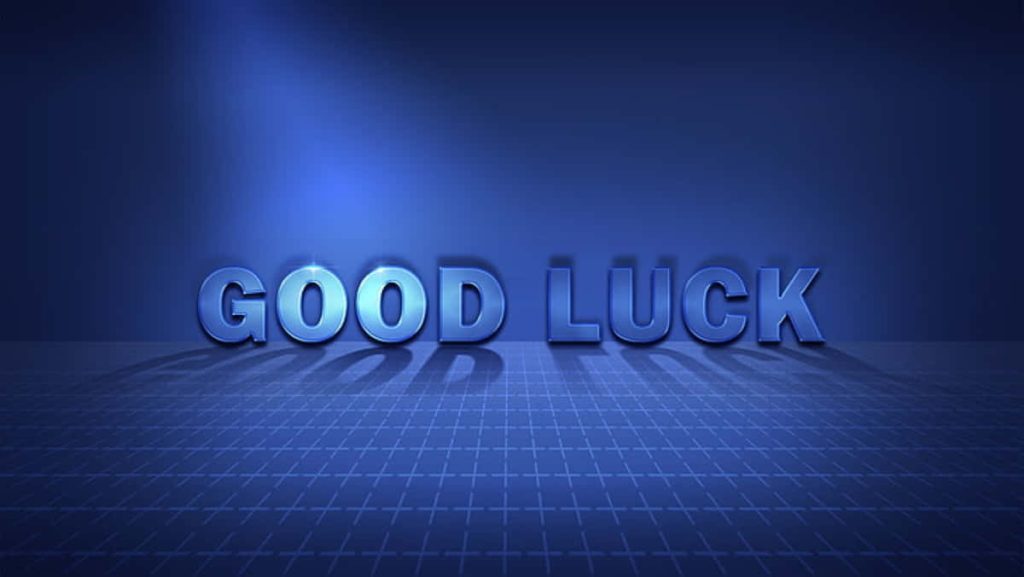 3D GOOD LUCK text on digital grid floor with blue gradient background motivational wallpaper