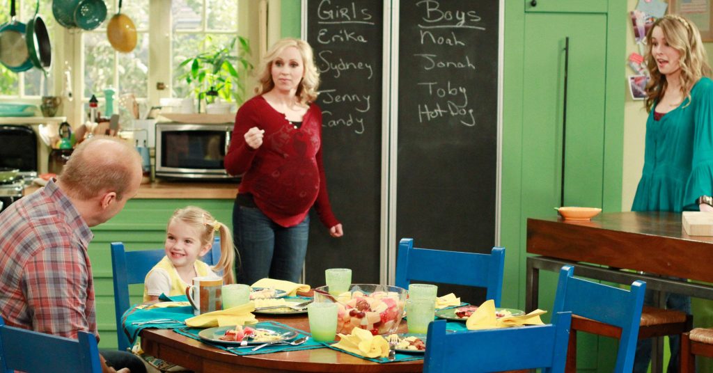 Good Luck Charlie Duncan family breakfast in colorful kitchen with chalkboard and blue chairs Wallpaper