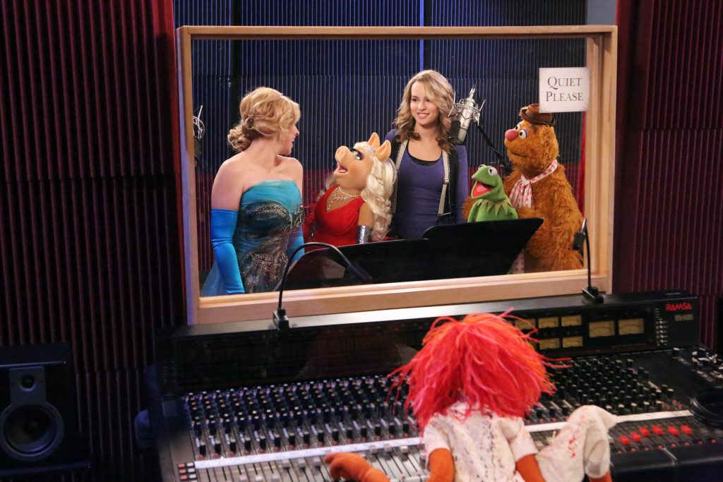 Good Luck Charlie stars Bridgit Mendler and Leigh-Allyn Baker with Muppets in recording studio Wallpaper