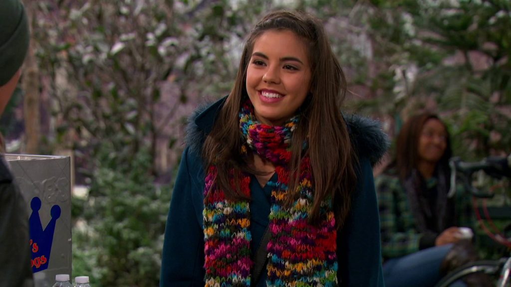 Good Luck Charlie wallpaper Teddy Duncan in teal winter coat colorful scarf outdoor scene