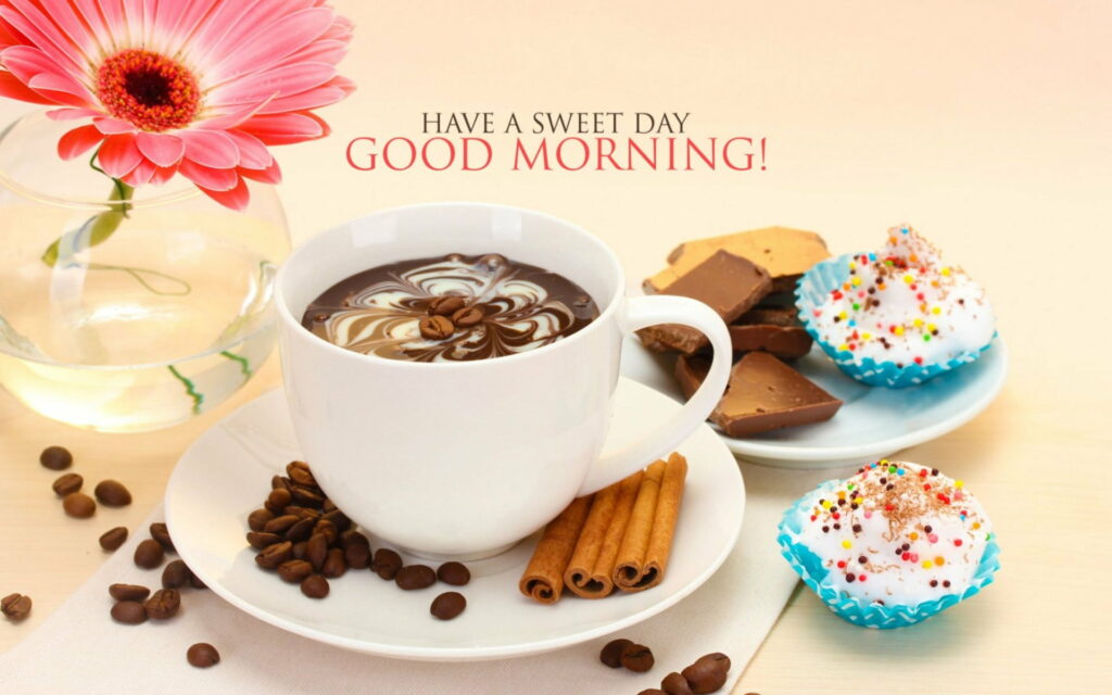 Wake Up to Happiness: Sip your Morning Coffee amidst Good Wishes for a Happy Day! Wallpaper