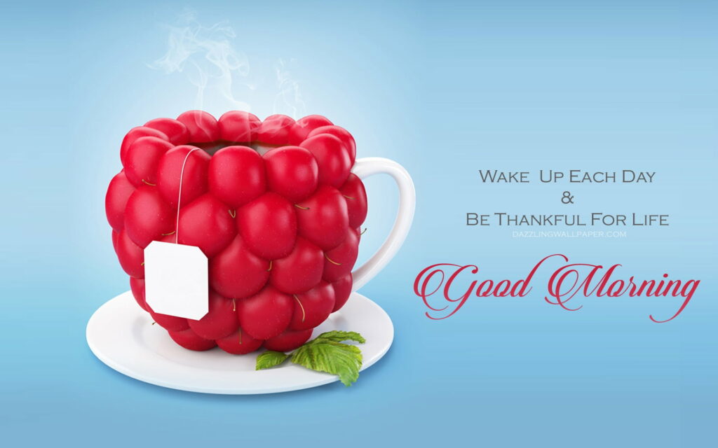 Whimsical Morning Delight: Vibrant Red Tea Fantasy Card with Raspberry Cup in a White and Blue Fantasy Landscape Wallpaper