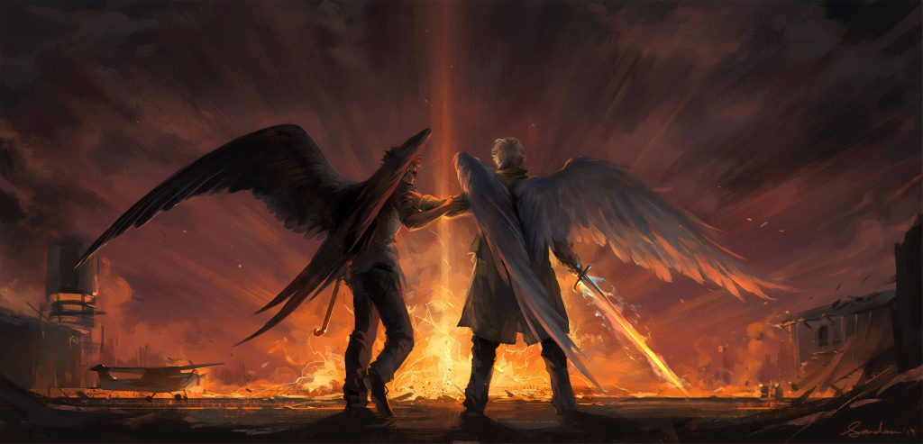 Good Omens fan art Aziraphale and Crowley with wings and glowing sword by apocalyptic fire background Wallpaper