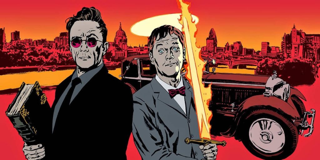 Good Omens Crowley with book and Aziraphale with flaming sword by London and vintage car wallpaper