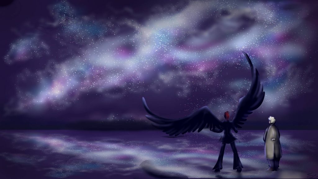 Good Omens fanart Crowley wings unfurled Aziraphale starry purple nebula cosmic wallpaper background