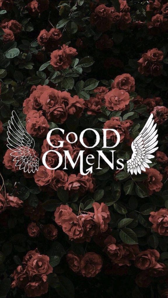 Good Omens wallpaper with series logo white wings and deep red gothic roses background