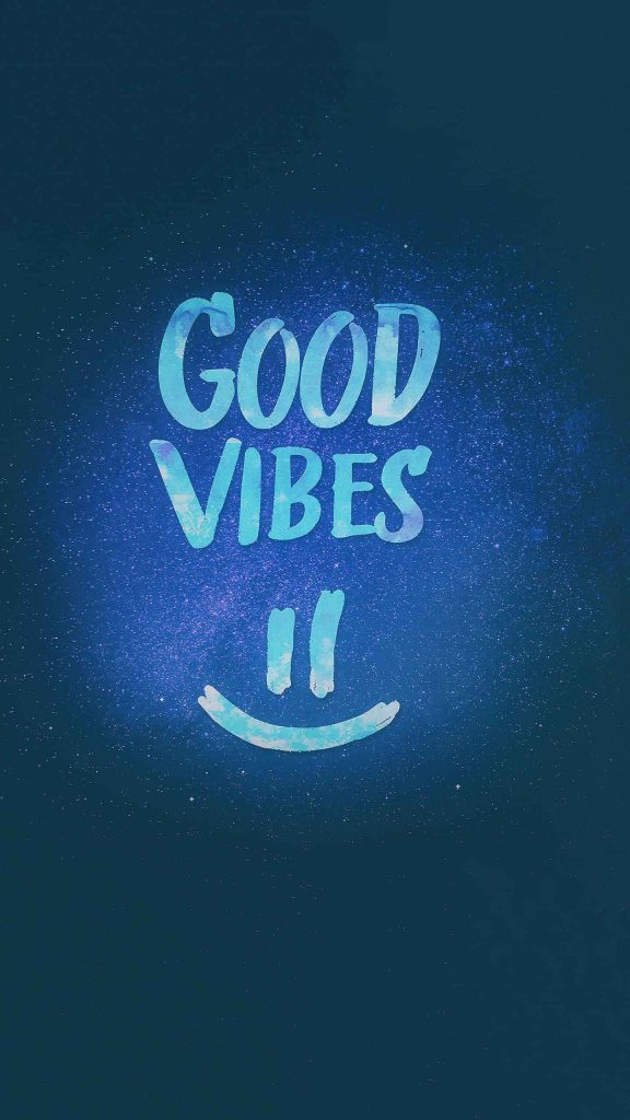 Digital wallpaper with blue spray paint good vibes and smiley on cosmic starry background