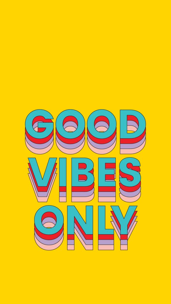 Retro 70s wallpaper with colorful layered Good Vibes Only text on vibrant yellow background