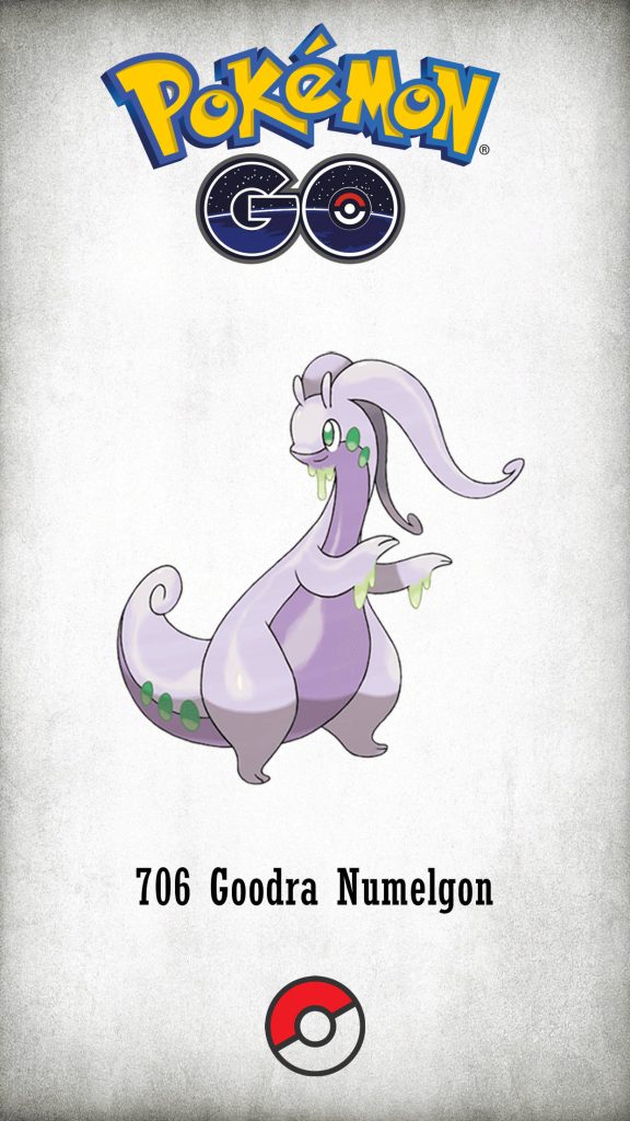Goodra Dragon type Pokémon GO wallpaper with grey textured background and Pokédex 706 design