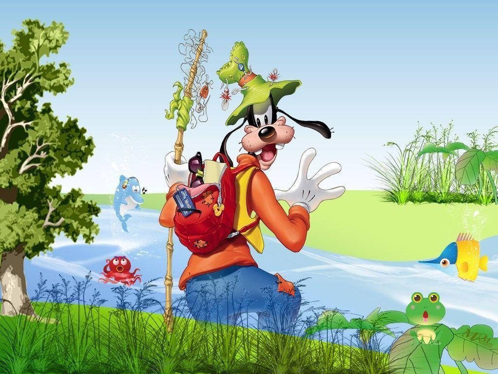 Goofy fishing by stream with dolphin octopus fish and frog colorful Disney wallpaper background