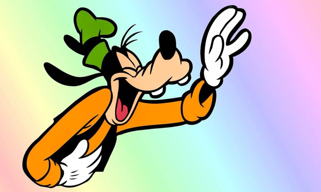 Disney wallpaper Goofy laughing in orange shirt green hat pastel rainbow background cartoon