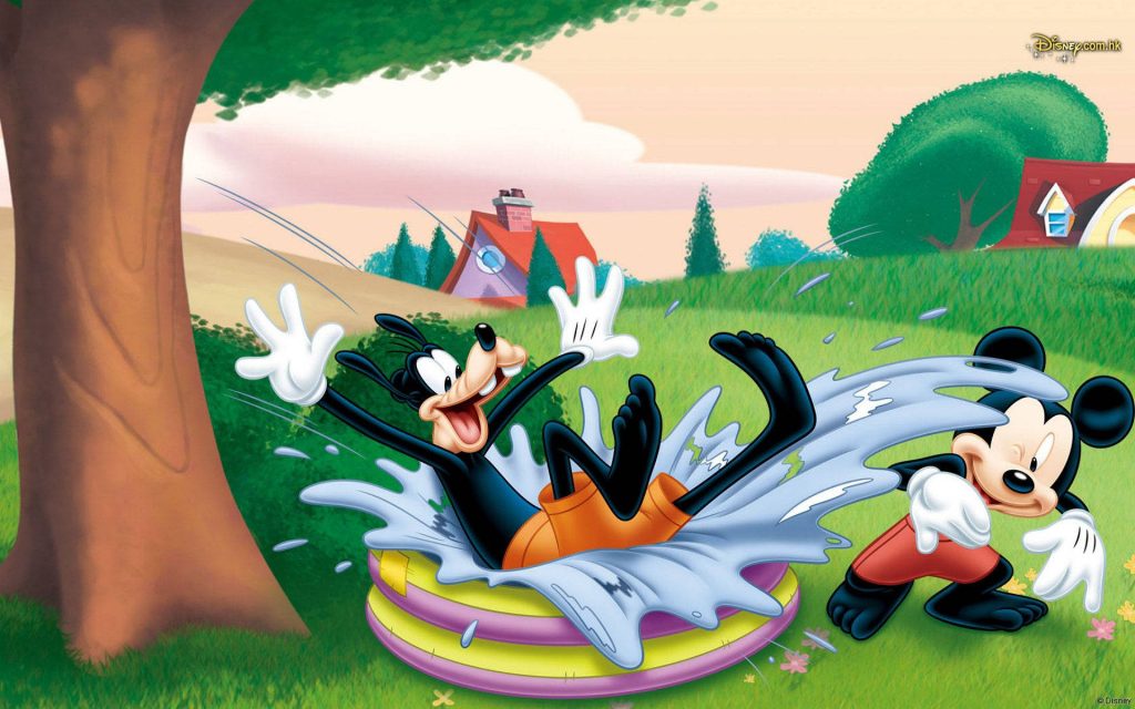 Goofy splashing Mickey Mouse in inflatable pool bright sunny backyard Disney wallpaper background