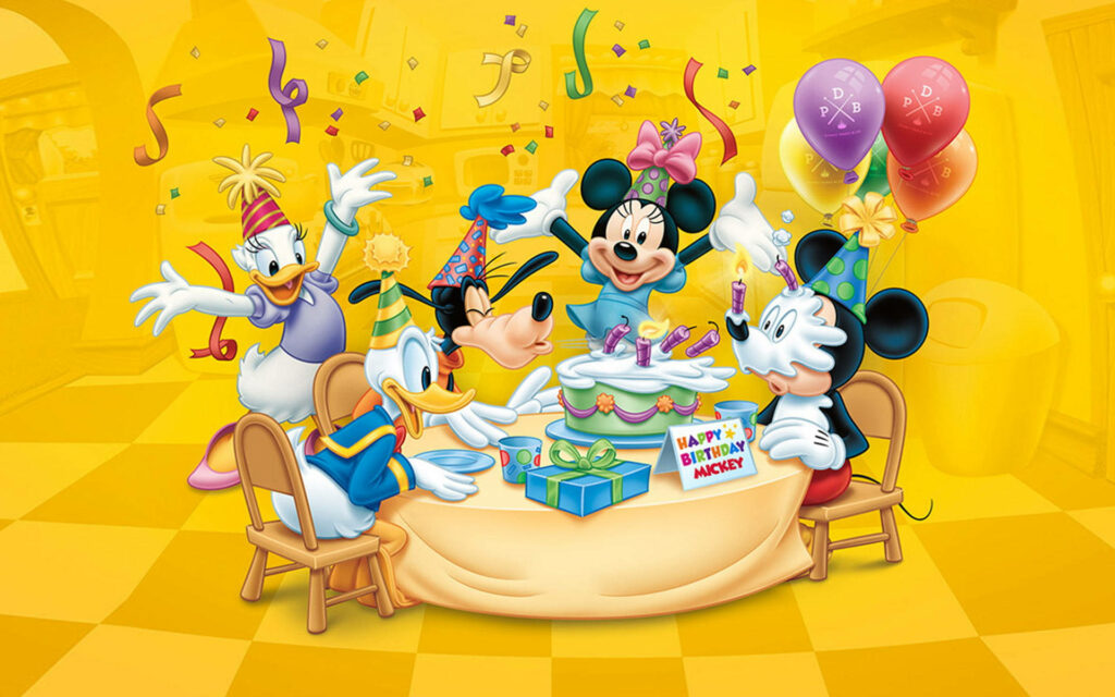 Mickey's Birthday Bash: Goofy's Fun-filled Celebration with Friends in a Sunny, Yellow Chamber! Wallpaper